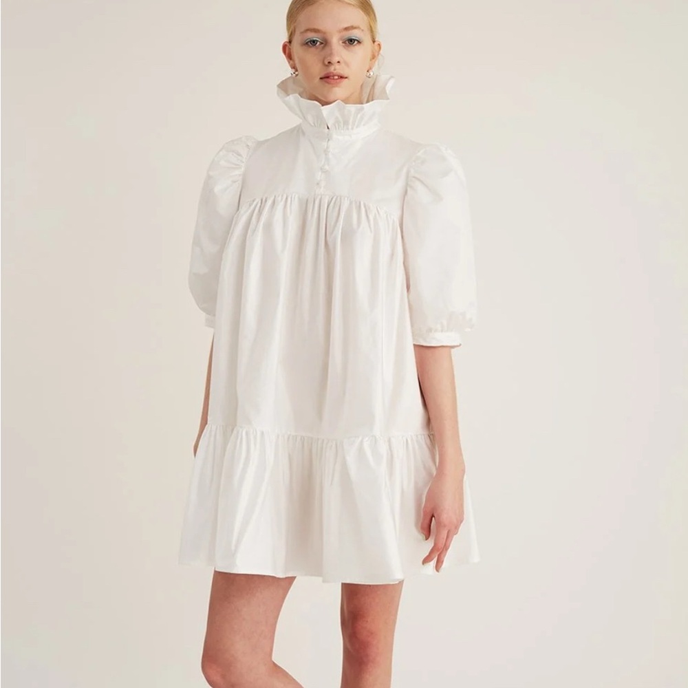 AVAVAV Gathered Ruffled Long Sleeve Cotton Poplin Mini Dress S